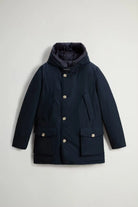 Arctic Parka Melton Blue Coat, premium down filled, windproof, water repellent with protective hood and patch pockets.