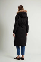 Back view of the Best Cotton Faux Fur Parka Black Coat with adjustable hood and faux fur lining
