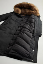 Best Cotton Faux Fur Parka Black Coat showing premium down fill and removable faux fur lining.