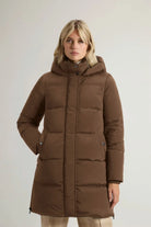 Kelly Jacket Dark Earth Coat by Woolrich, premium down filled coat with windproof and water repellent features.