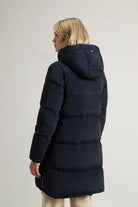 Back view of the Kelly Jacket Melton Blue Coat showcasing its premium down filled design.