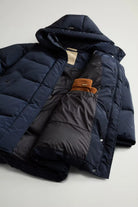 Kelly Jacket Melton Blue Coat featuring a premium down fill and multiple pockets for warmth and convenience.