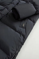 Kelly Long Parka Black Coat with ribbed concealed cuffs and side zipper details.
