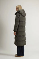 Kelly Long Parka Dark Green Coat showcased from the back, featuring a windproof, water-repellent design.