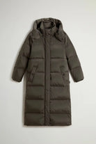Kelly Long Parka Dark Green Coat, premium down filled, windproof, water repellent, with removable hood and pockets.