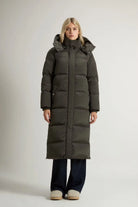 Kelly Long Parka Dark Green Coat premium down filled coat with removable hood and stand-up collar.