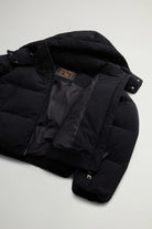 Madison Jacket Black Coat inner view showing premium down filling and removable hood details.