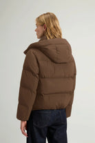 Madison Jacket Dark Earth Coat by Woolrich, back view showcasing its premium down fill and removable hood.