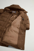 Inside view of Madison Long Coat Dark Earth Coat by Woolrich, showing premium down fill and stylish design.