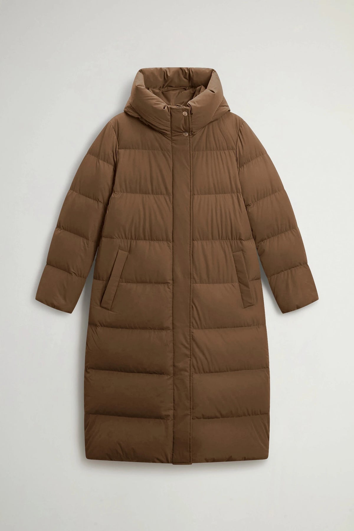 Madison Long Coat Dark Earth Coat by Woolrich, featuring a hood and premium down fill for cold weather protection.