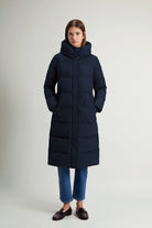 Madison Long Coat Melton Blue Coat by Woolrich, premium down filled, windproof and water repellent.