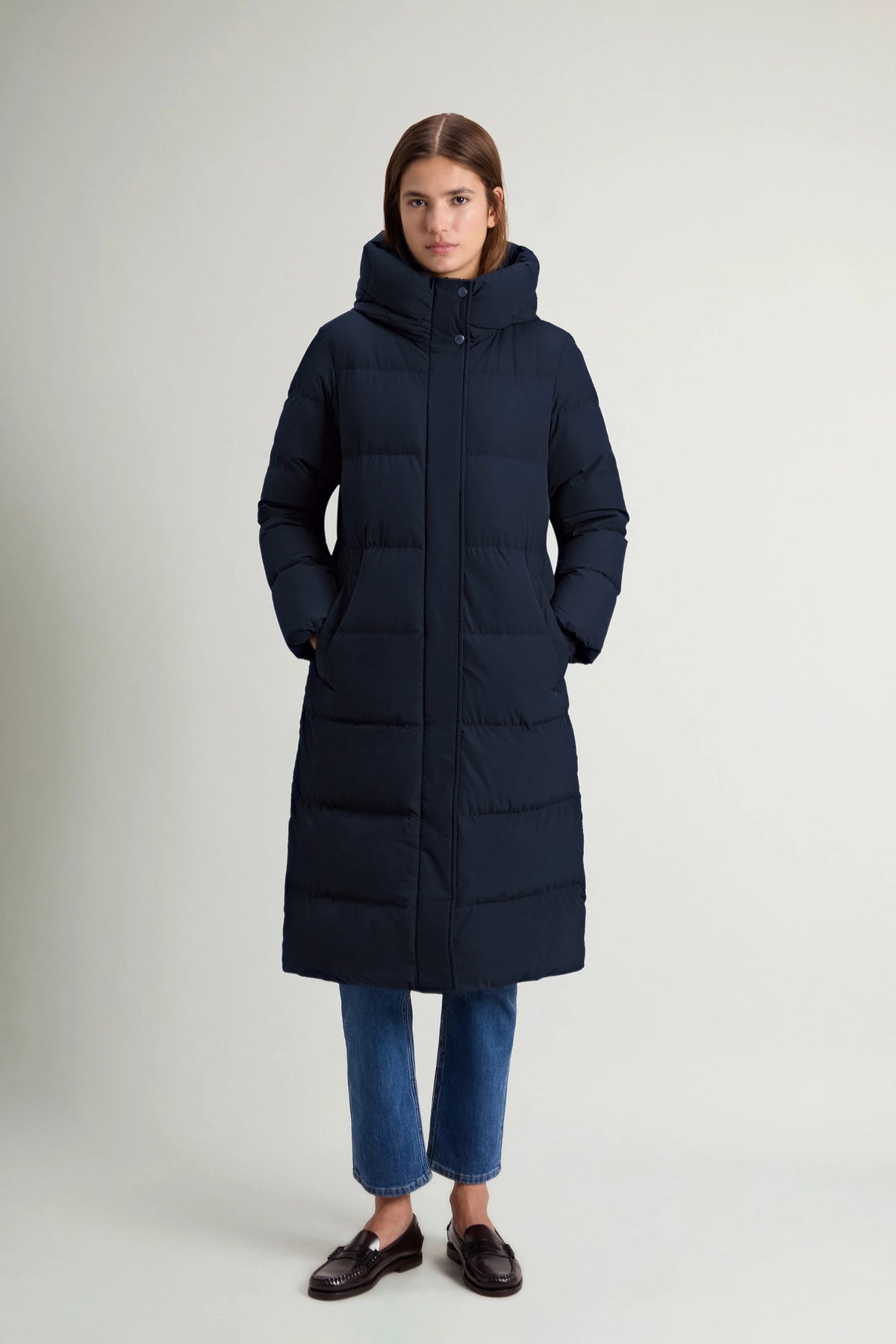 Madison Long Coat Melton Blue Coat by Woolrich, premium down filled, windproof and water repellent.