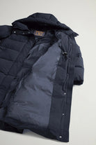 Madison Long Coat Melton Blue Coat by Woolrich, showcasing premium down filling and windproof features.