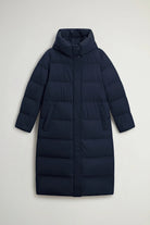 Madison Long Coat Melton Blue Coat by Woolrich, premium down filled and water repellent coat design.