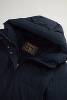 Madison Long Coat Melton Blue Coat by Woolrich, featuring a premium down fill and a stand-up collar.