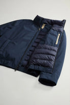Cloud Lewis Bomber Melton Blue Coat displayed showing premium down filling and two-way zipper closure.