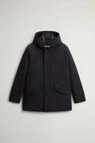 Stretch Parka Black Coat - Premium light stretch parka with hood, button closure, and multiple pockets.