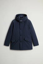 Stretch Parka Melton Blue Coat, premium windproof and water repellent jacket with adjustable drawstring hood.